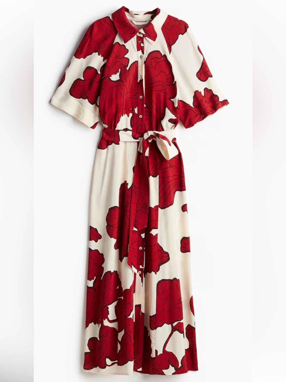 NWT H&M Viscose Midi Belted Shirt Dress Bright Tropical RedFloral Size Small